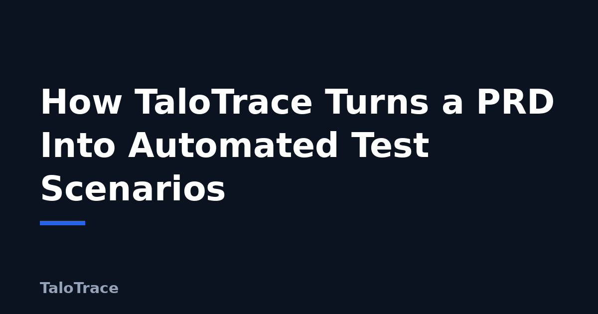 A product requirements document on one side and a set of connected test scenario cards on the other, linked by an arrow representing TaloTrace.