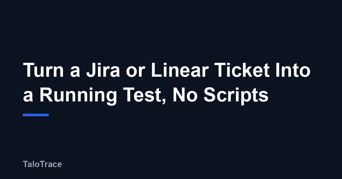 A split-screen illustration of a Jira or Linear ticket on one side turning into a running TaloTrace test scenario with a recorded finding on the other.