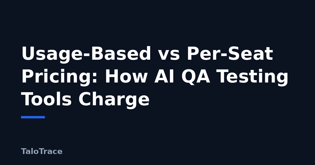 Illustration contrasting a per-seat pricing ladder with a usage-based credit meter for an AI QA testing tool.