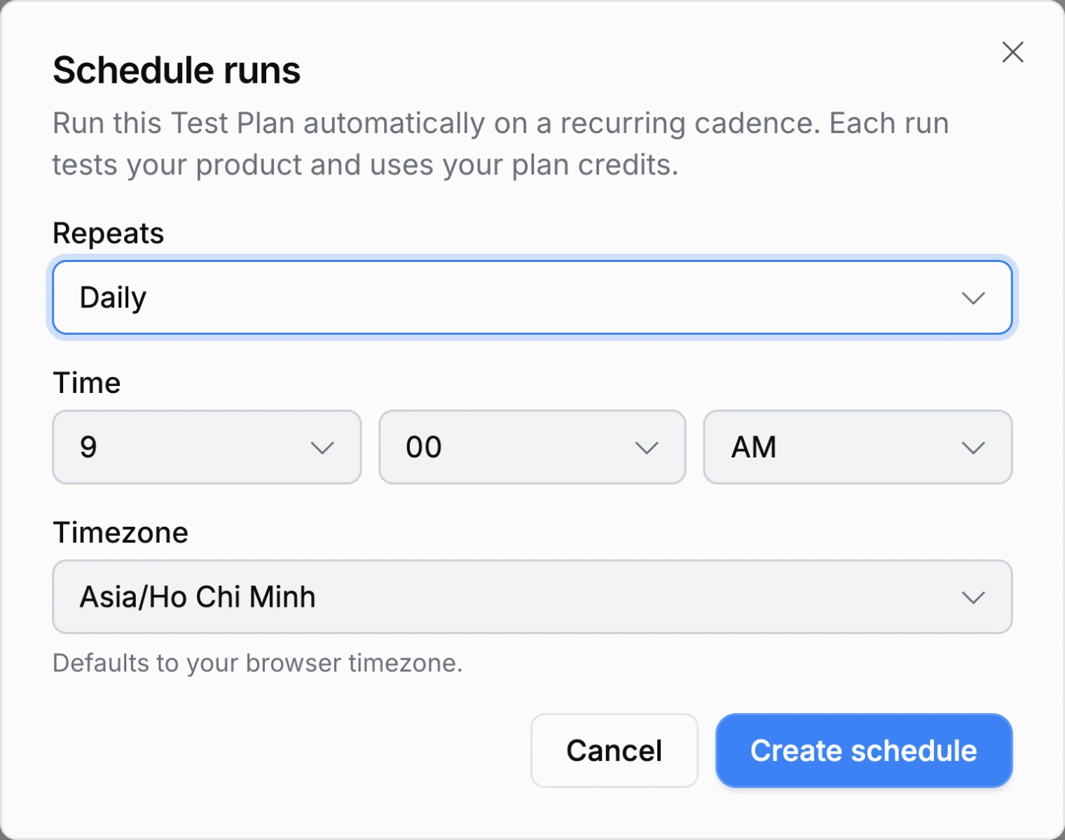 The run schedule dialog